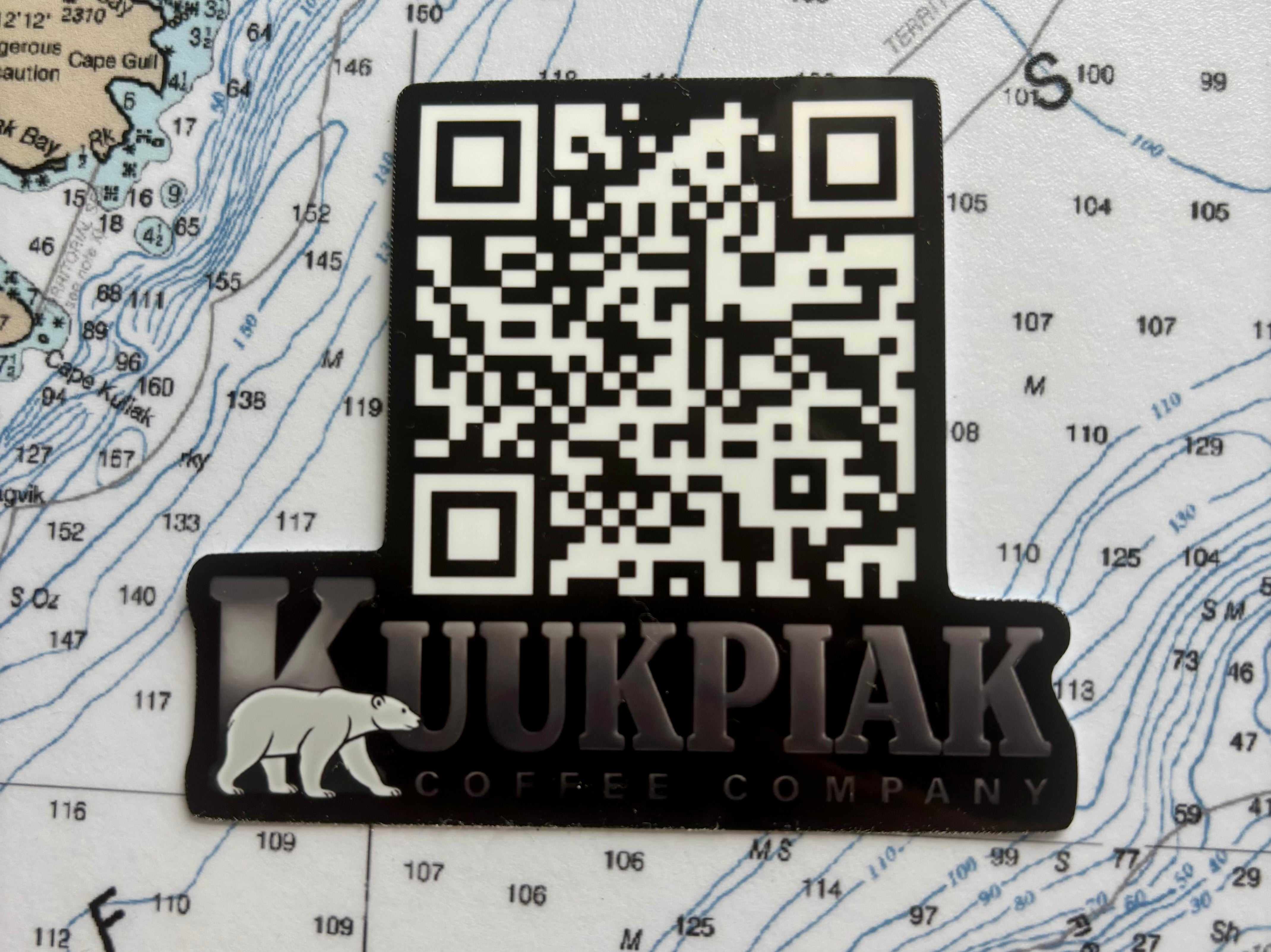 3-inch Kuukpiak Coffee Company QR code sticker with polar bear logo
