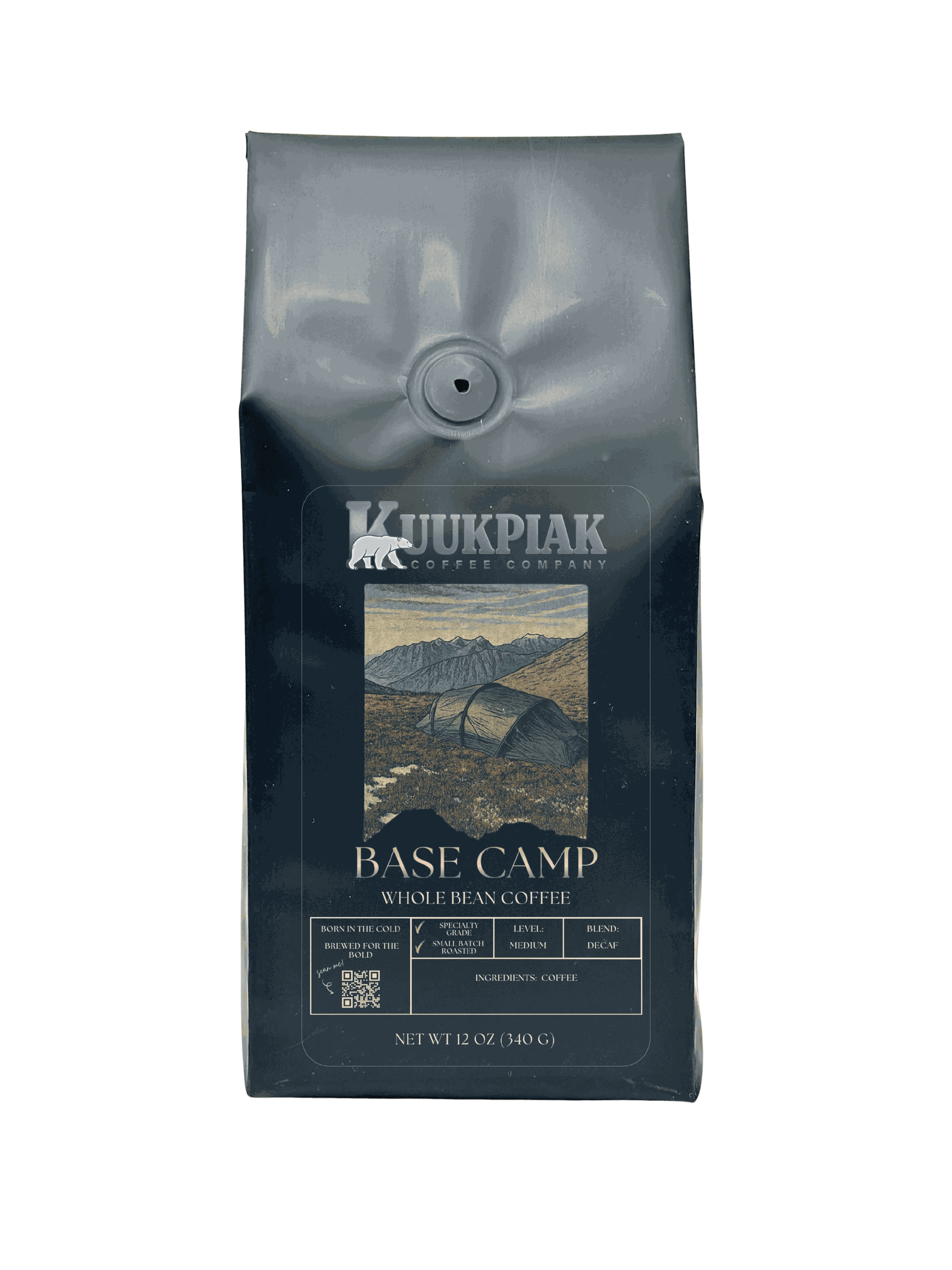 Base Camp Swiss Water Process decaf coffee medium roast with chocolate nutty flavor