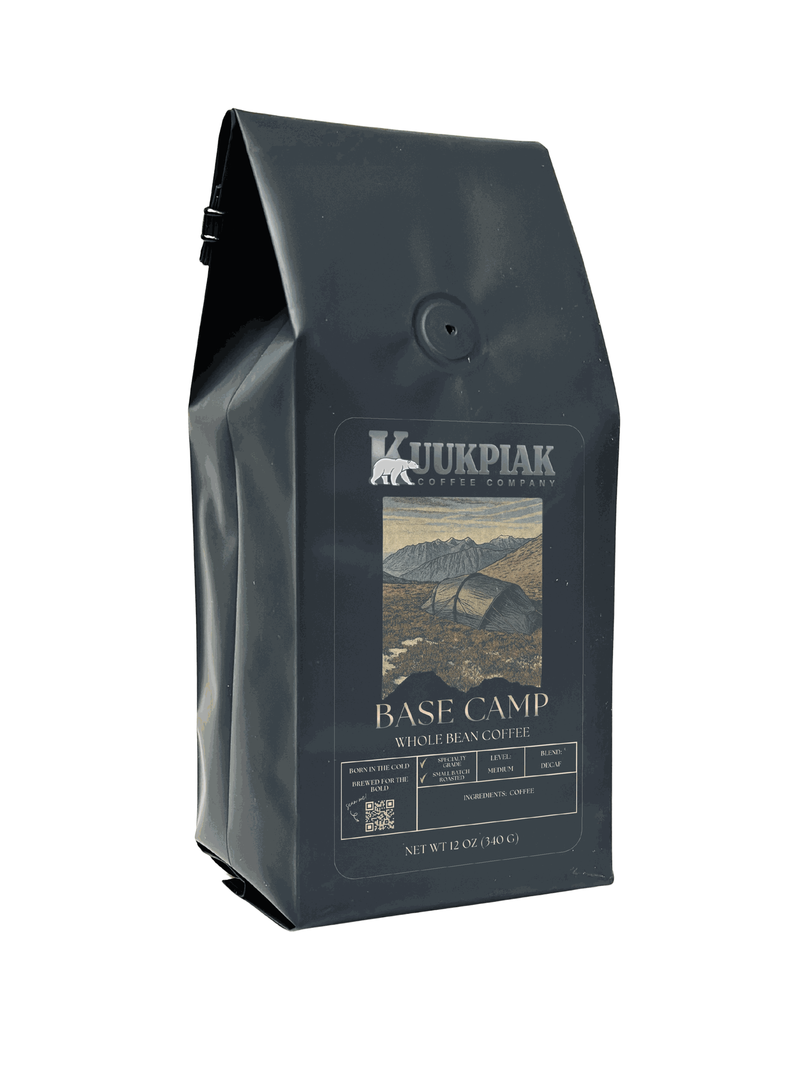 Base Camp Swiss Water Process Decaf medium roast coffee with chocolate and nutty notes