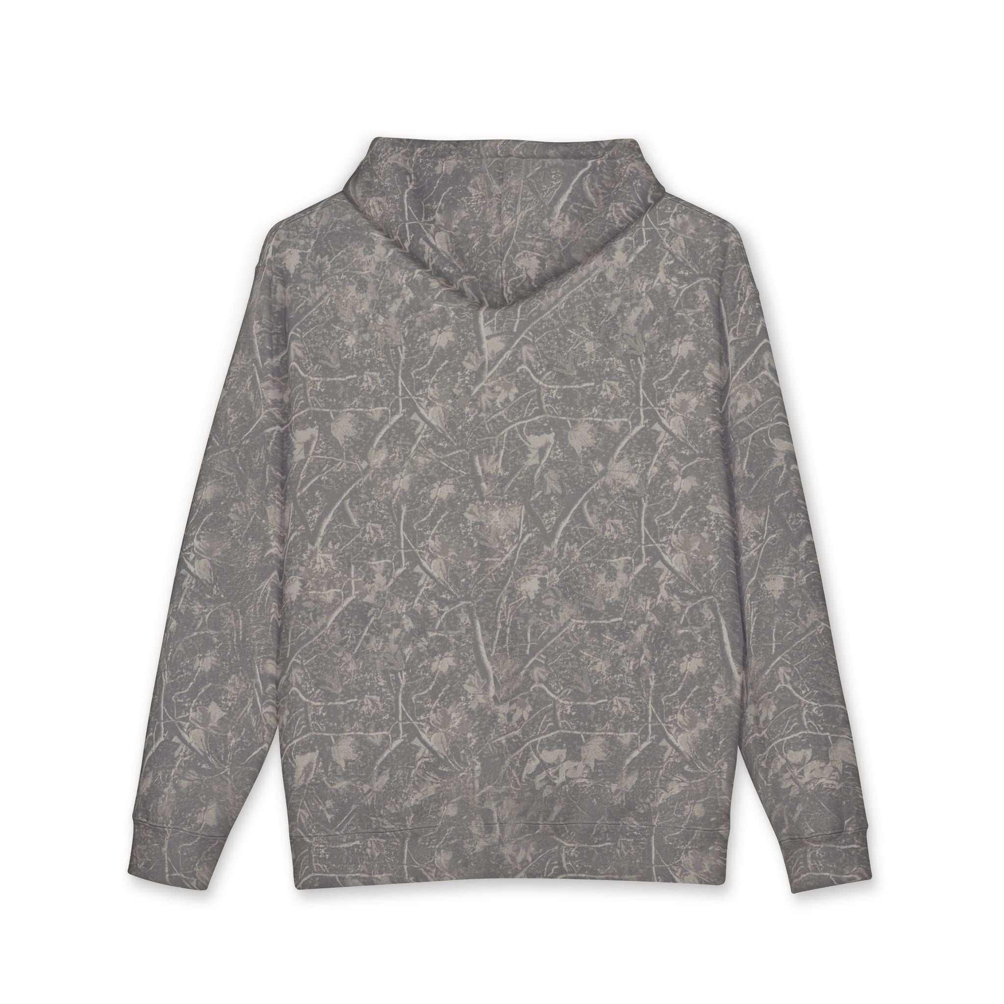 gray camo hoodie with fleece-lined hood and chest logo