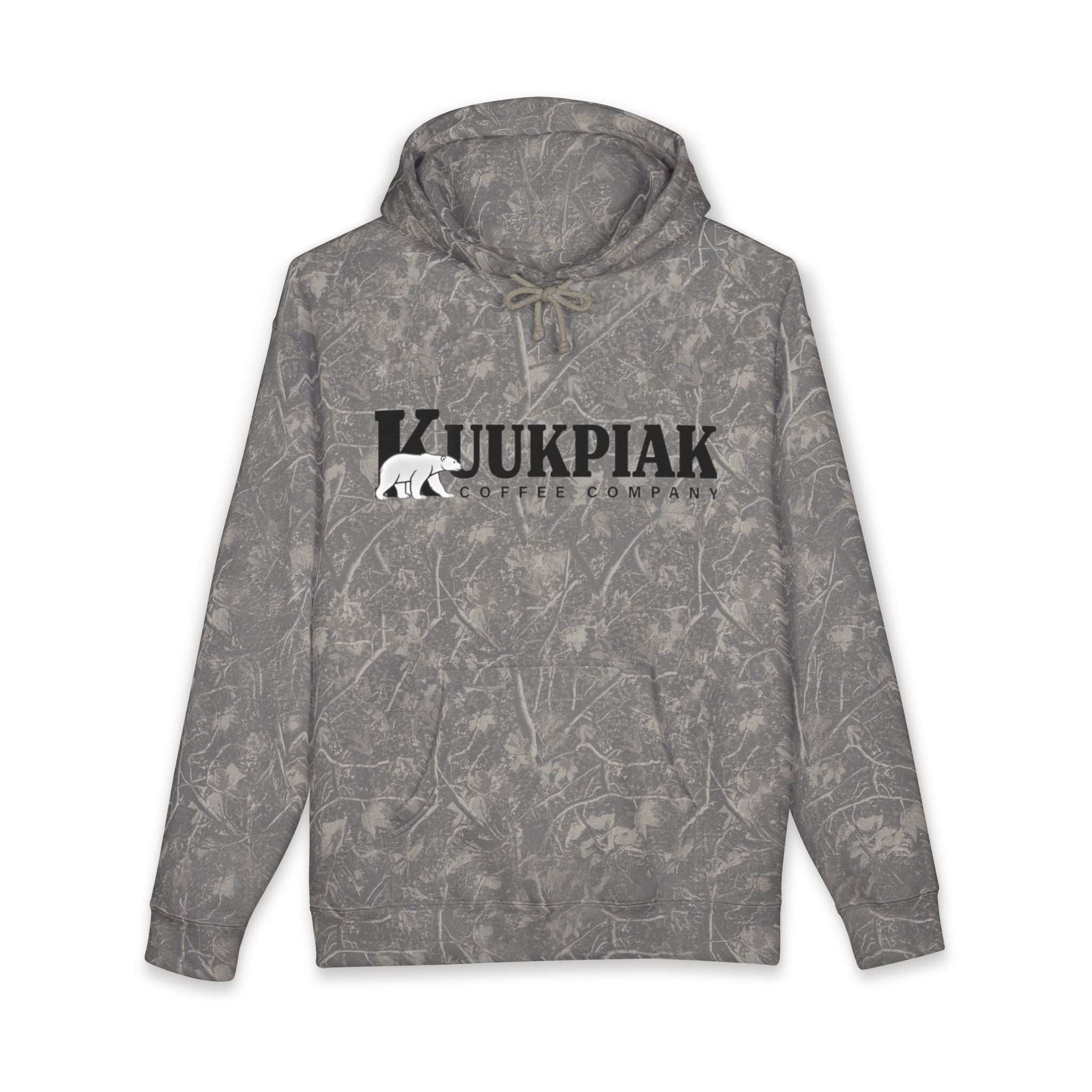 gray camo hoodie with fleece-lined hood and bold chest logo