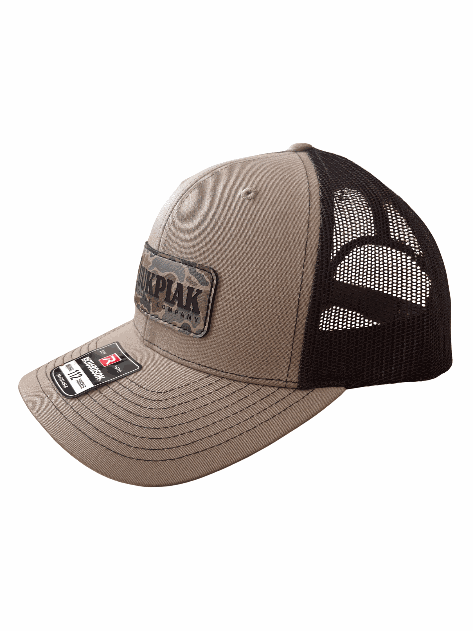 Khaki coffee trucker hat with breathable mesh and Kuukpiak Coffee patch