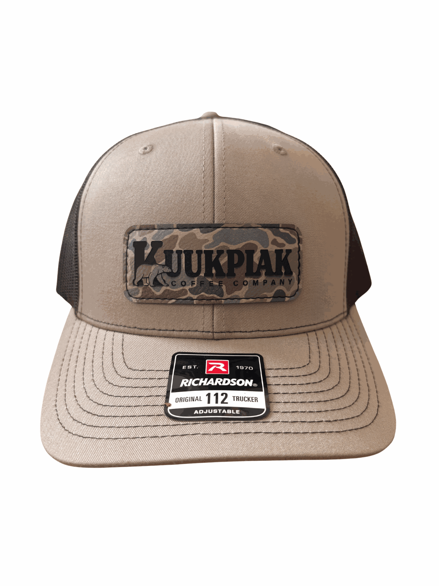 khaki coffee trucker hat with breathable mesh and coffee company patch