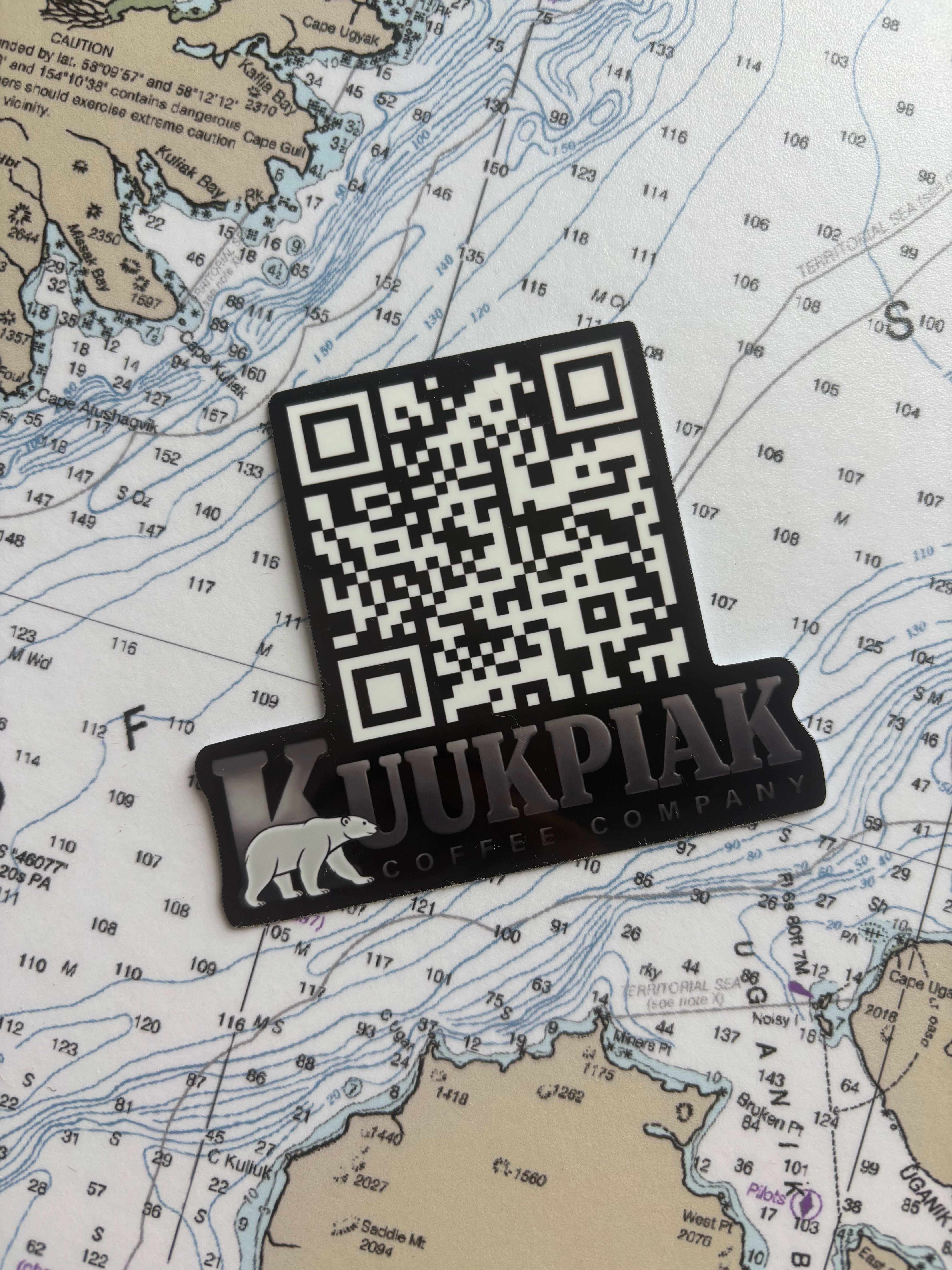 3-inch Kuukpiak Coffee QR code sticker with polar bear logo