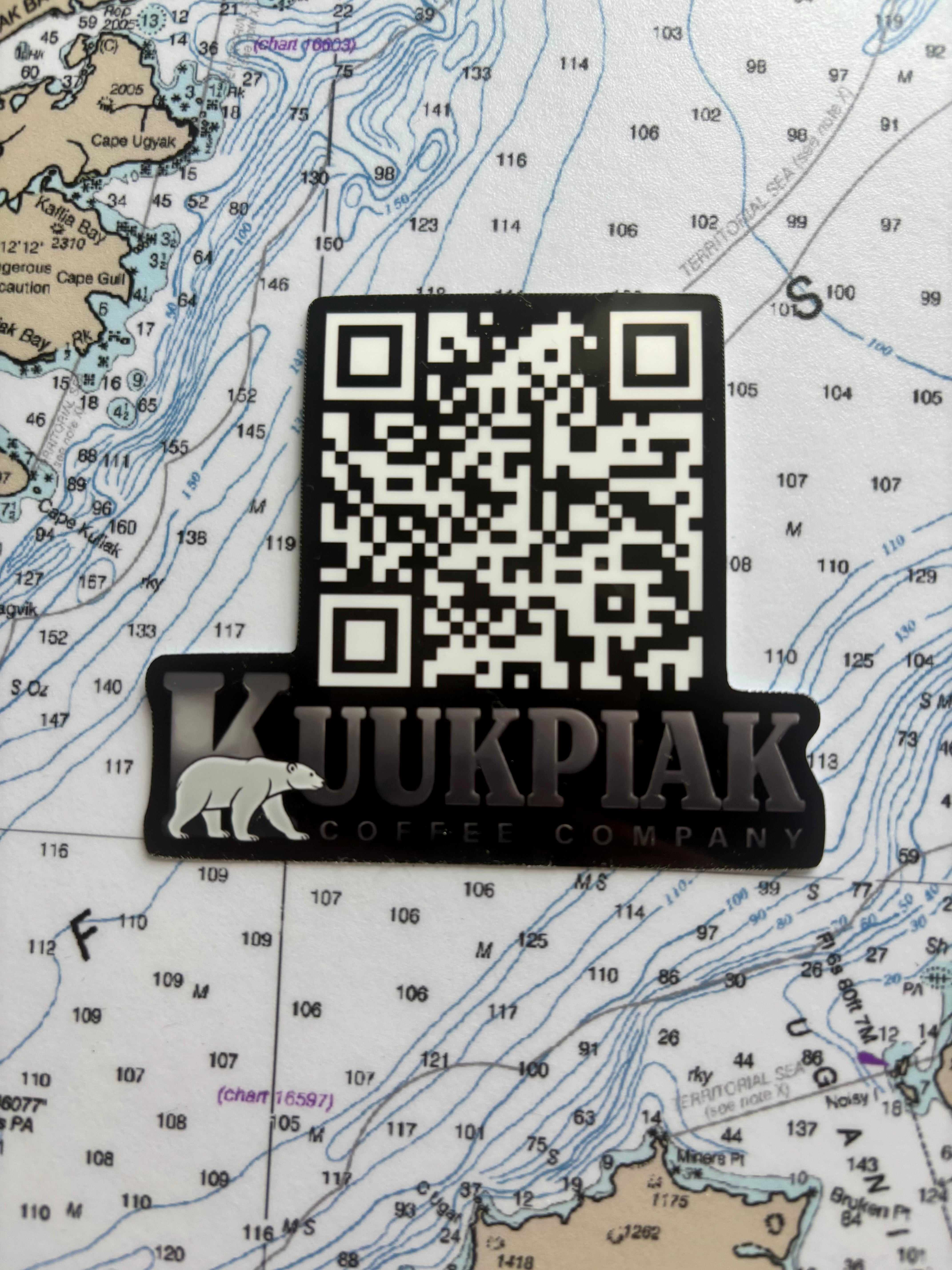 3-inch Kuukpiak Coffee Company QR code sticker with polar bear logo