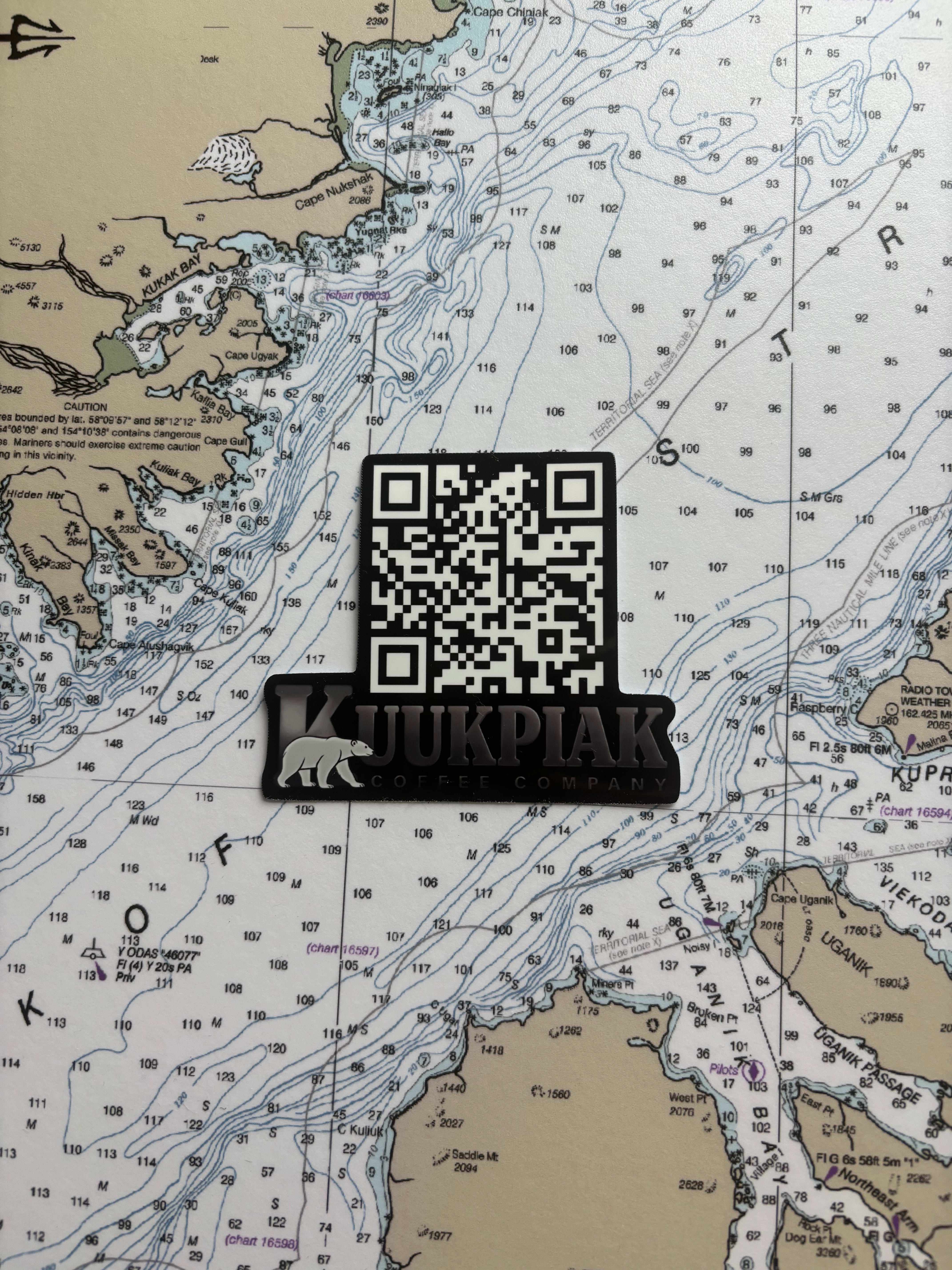 3 inch Kuukpiak Coffee Company QR code sticker with polar bear logo